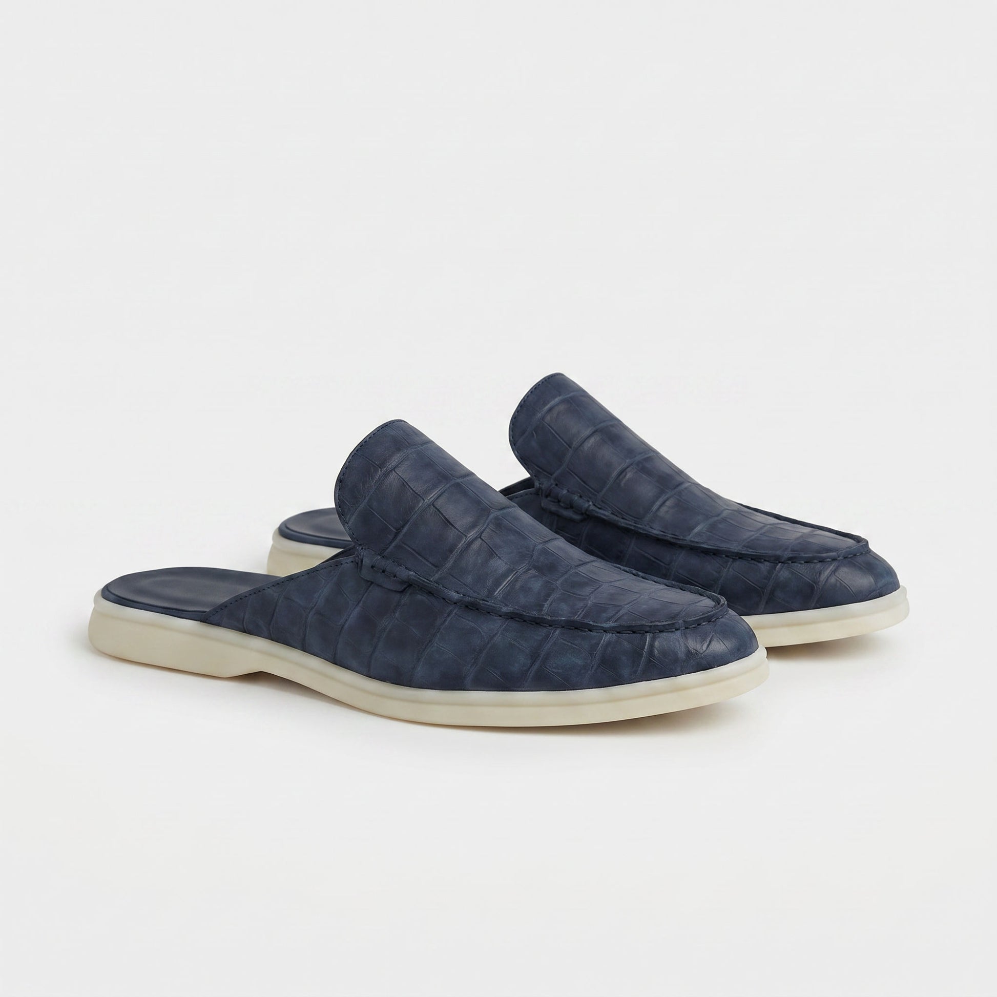 Mules The Aurea Positano, Piel con Efecto Cocodrilo Azul Marino
