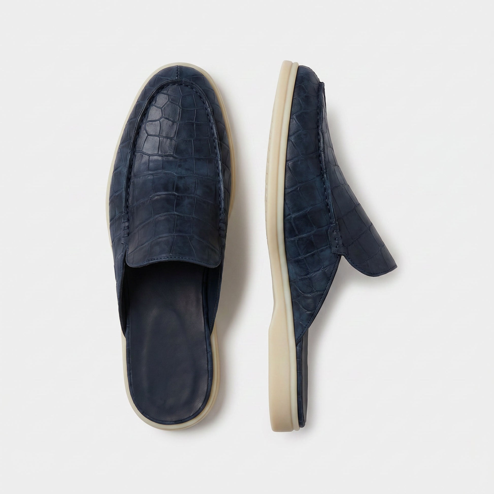 Mules The Aurea Positano, Piel con Efecto Cocodrilo Azul Marino