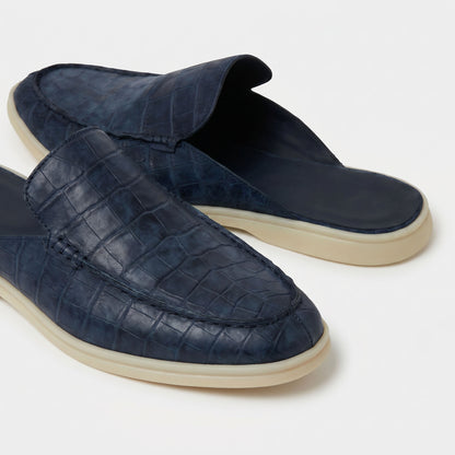 Mules The Aurea Positano, Piel con Efecto Cocodrilo Azul Marino