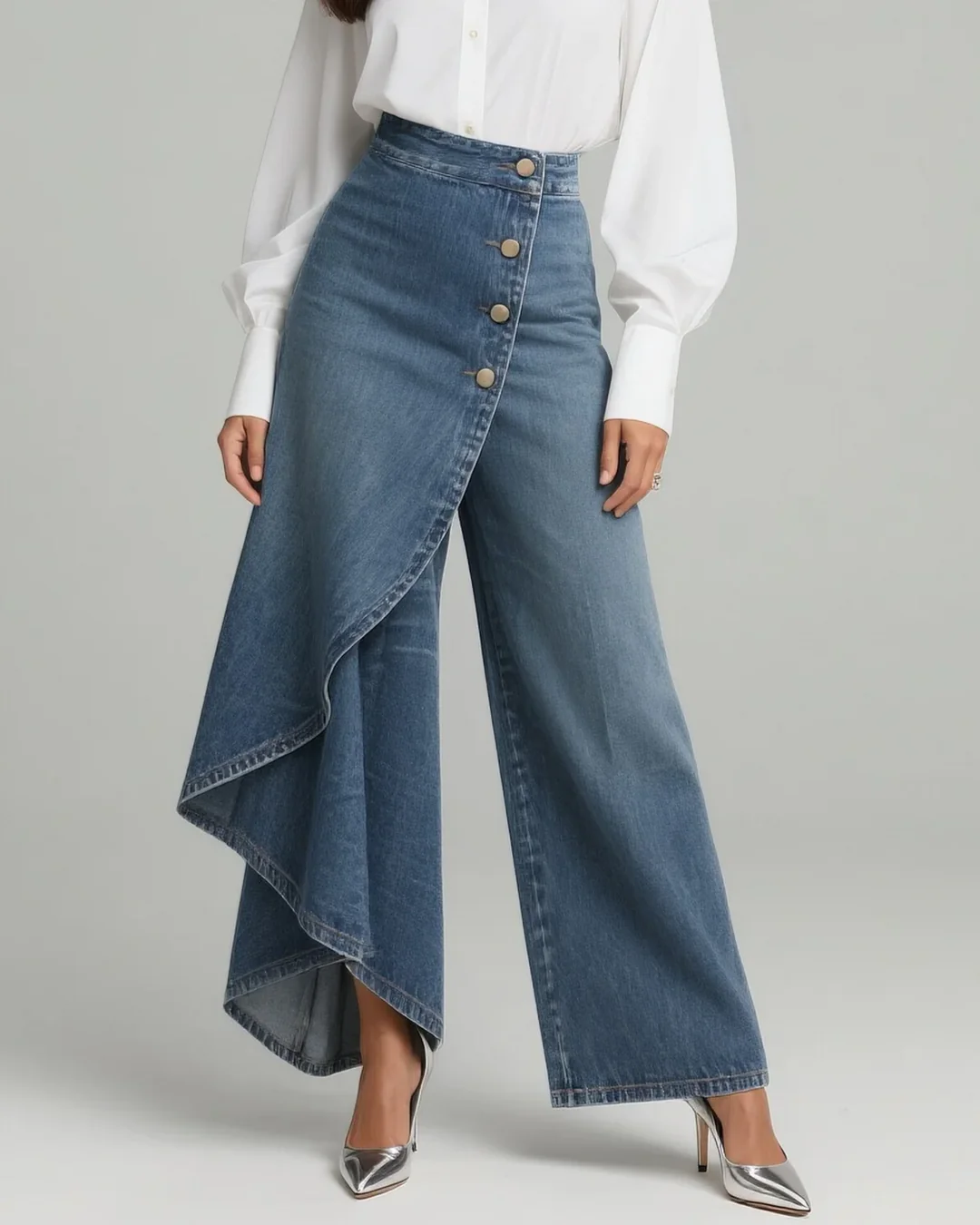 LORENZA™ | Pantalón Palazzo Denim Asimétrico