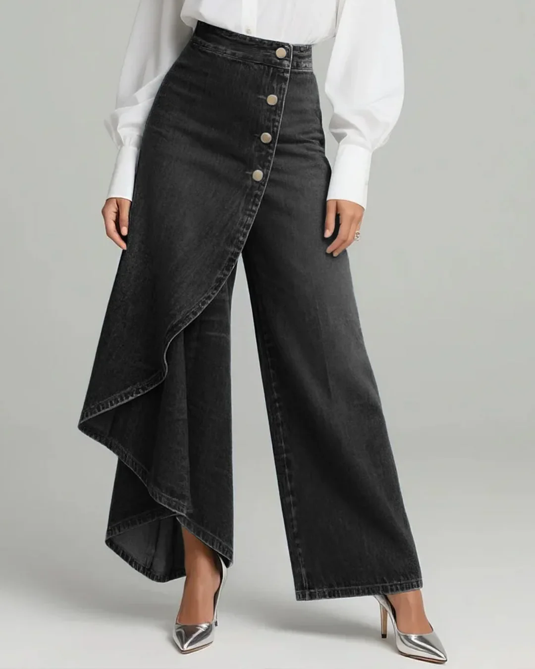 LORENZA™ | Pantalón Palazzo Denim Asimétrico