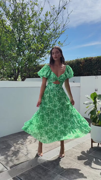 VIRENA™ | Vestido Largo Verde con Estampado Floral