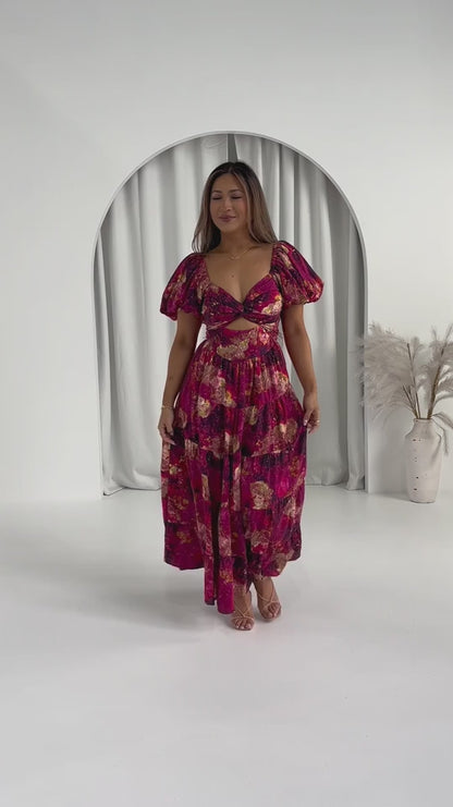 FLORÉNA™ | Vestido largo Morado Ciruela con Estampado Floral